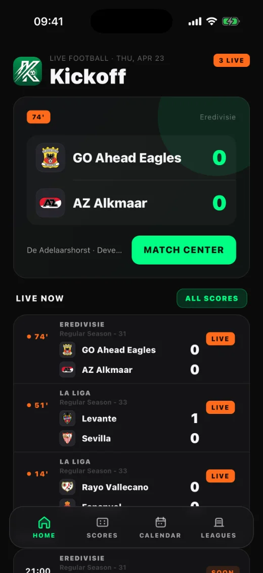 Kickoff home screen showing a live match